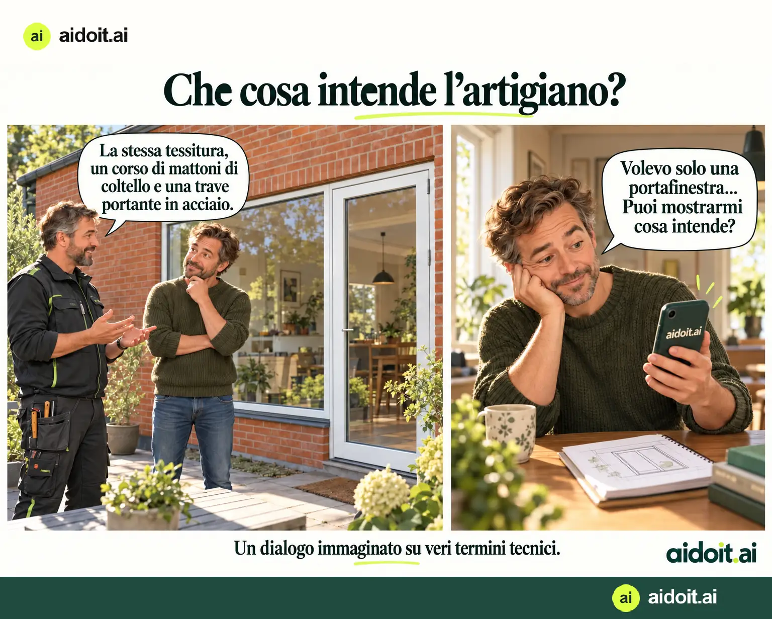 Dialogo immaginato: un artigiano cita tessitura muraria, mattoni di coltello e trave in acciaio. Il proprietario chiede una spiegazione ad aidoit.ai.