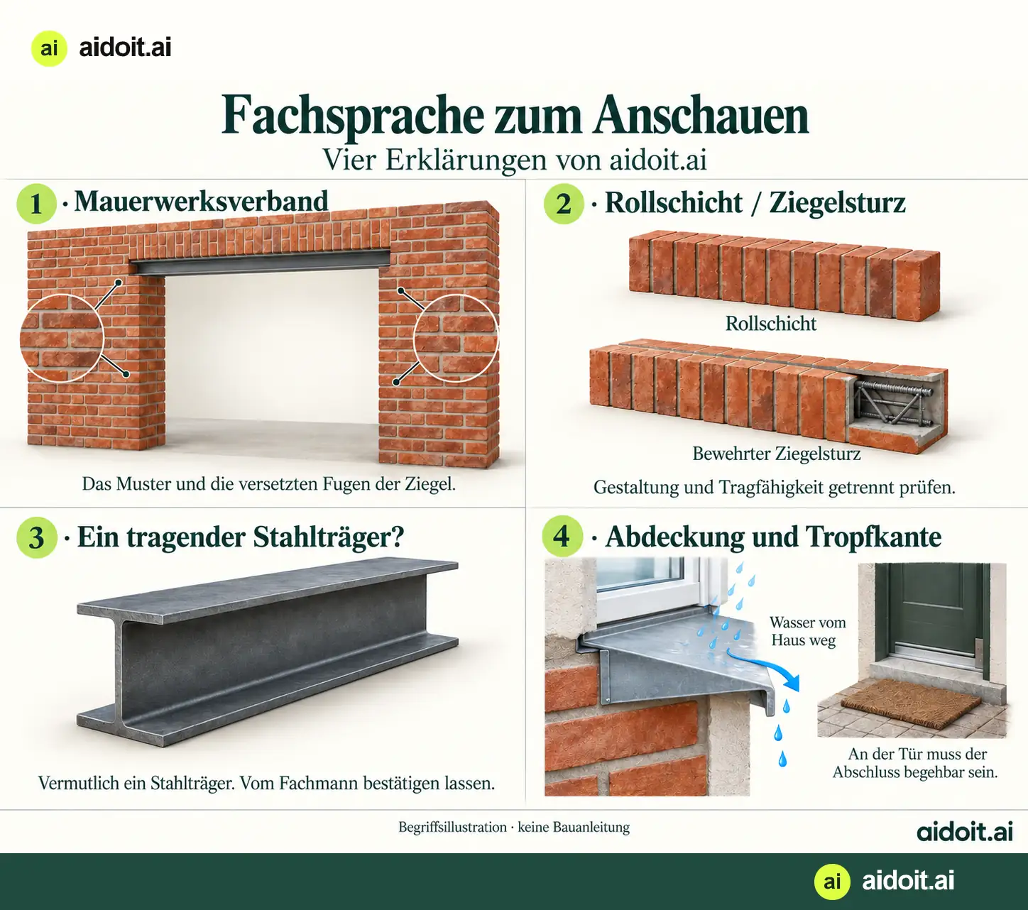 Vier illustrierte Baubegriffe: Mauerwerksverband, Rollschicht und bewehrter Ziegelsturz, Stahlträger sowie Abdeckung und Tropfkante.