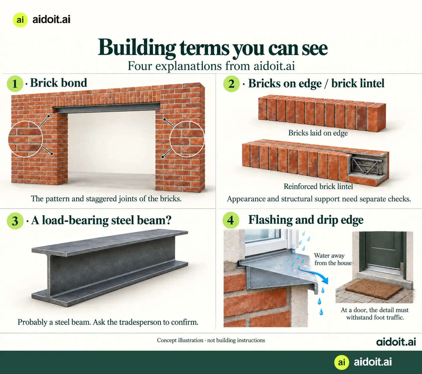 Four illustrated building terms: brick bond, a row of bricks on edge and a reinforced brick lintel, a steel beam, and flashing with a drip edge.