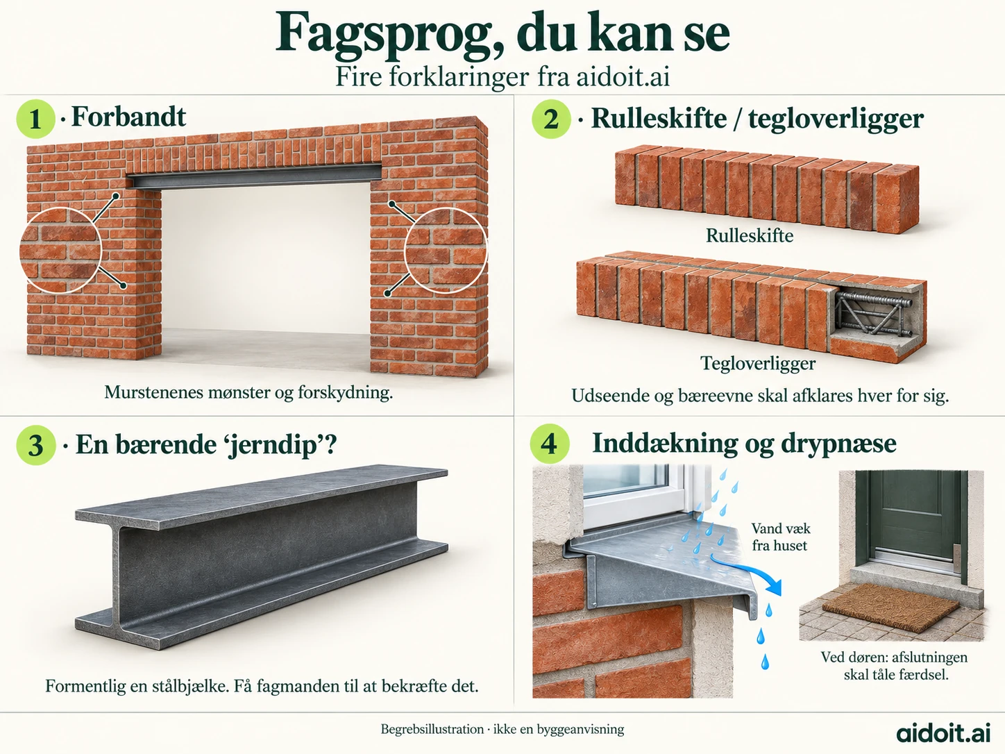 Fire begrebsillustrationer: murstenenes forbandt, rulleskifte og tegloverligger, en stålbjælke samt inddækning og drypnæse.