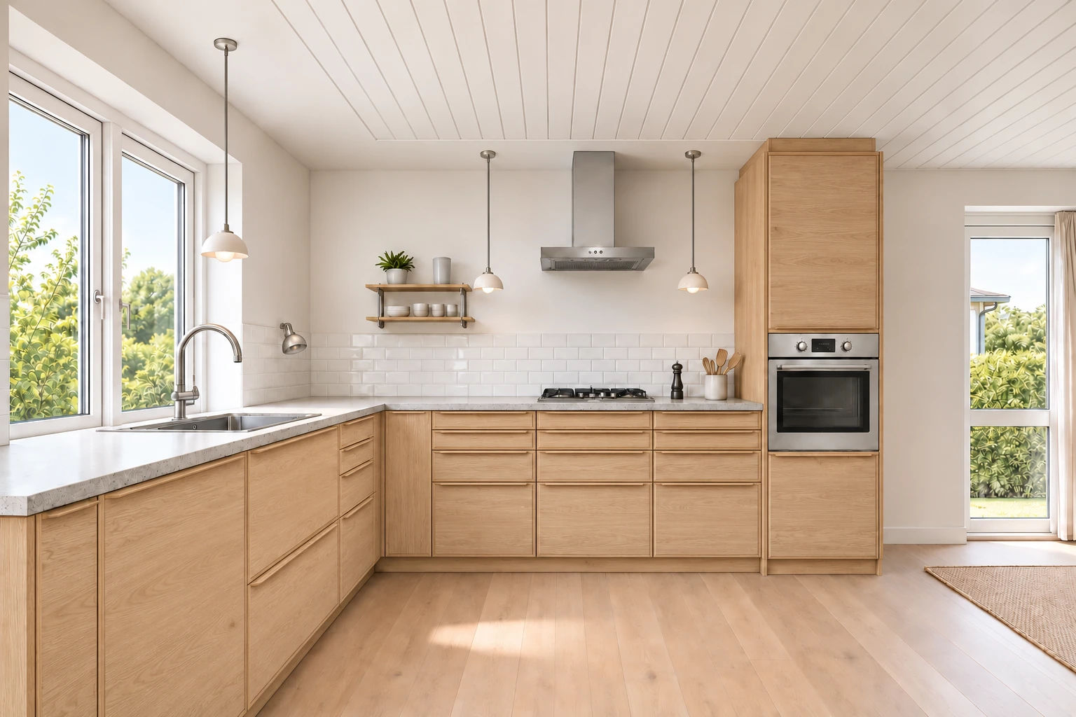 Køkken eksempel 1: L-køkken. Epoq Edge + Contour, Natural Oak. Vejledende AI-visualisering.