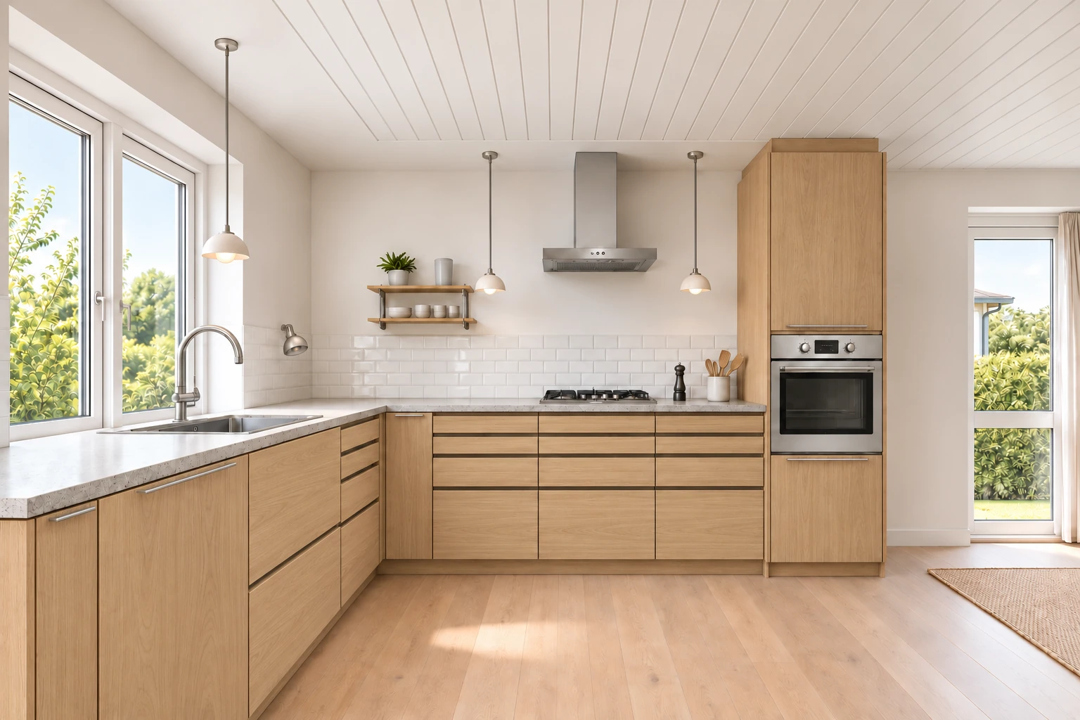 Køkken eksempel 1: L-køkken. Epoq Lamella + Edge, Natural Oak. Vejledende AI-visualisering.