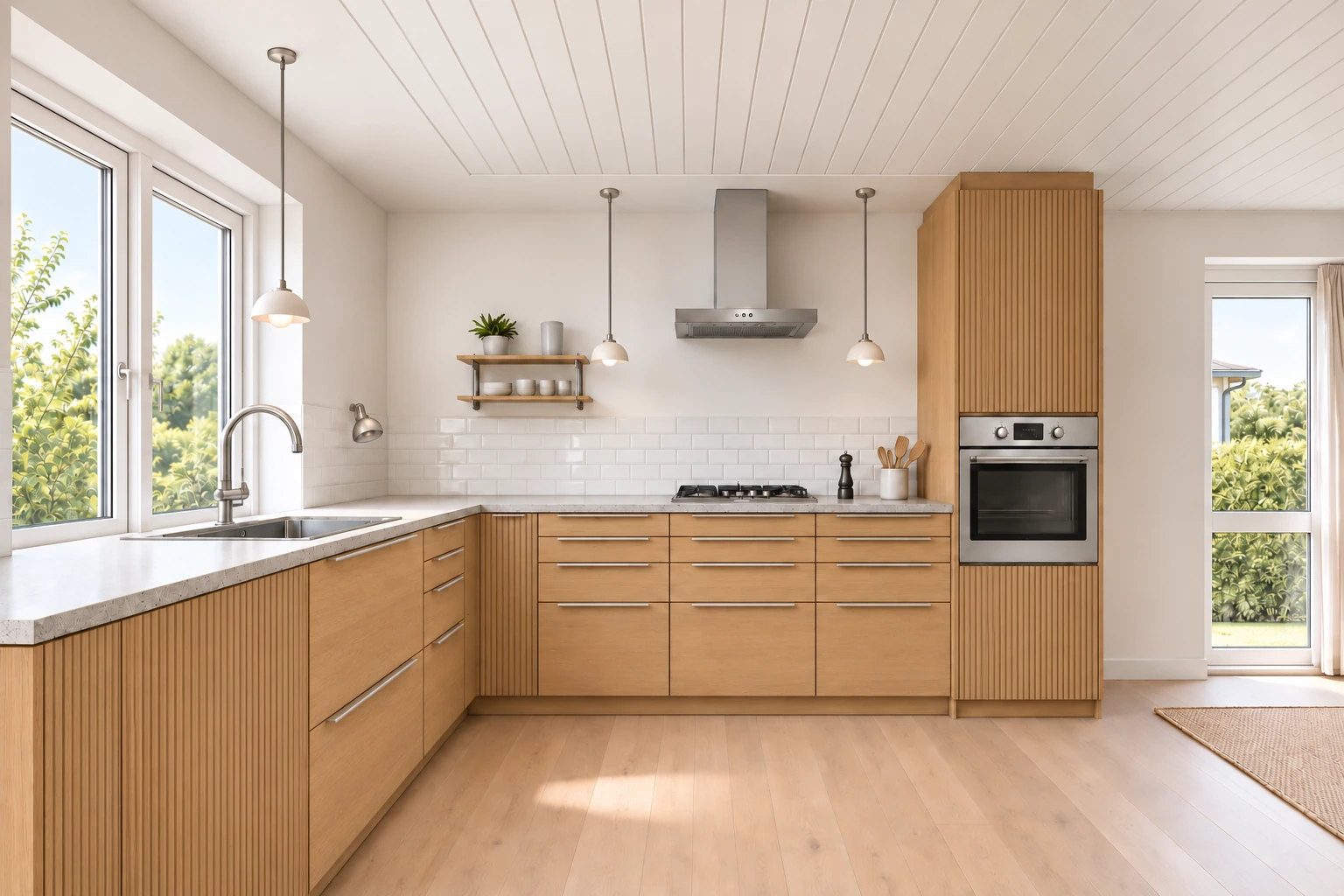 Køkken eksempel 1: L-køkken. Epoq Pillar + Edge, Warm Oak. Vejledende AI-visualisering.