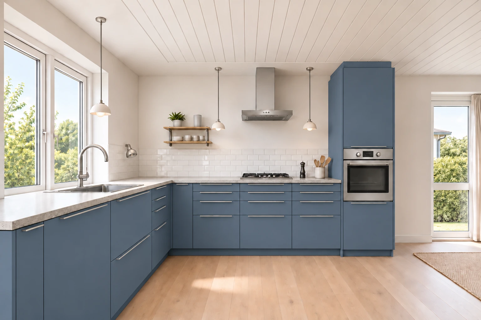 Køkken eksempel 1: L-køkken. HTH Soft, Smokey Blue. Vejledende AI-visualisering.
