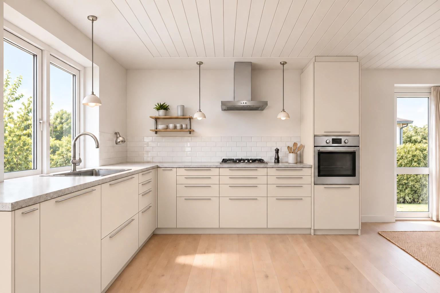 Køkken eksempel 1: L-køkken. HTH Smooth, Seashell Beige. Vejledende AI-visualisering.