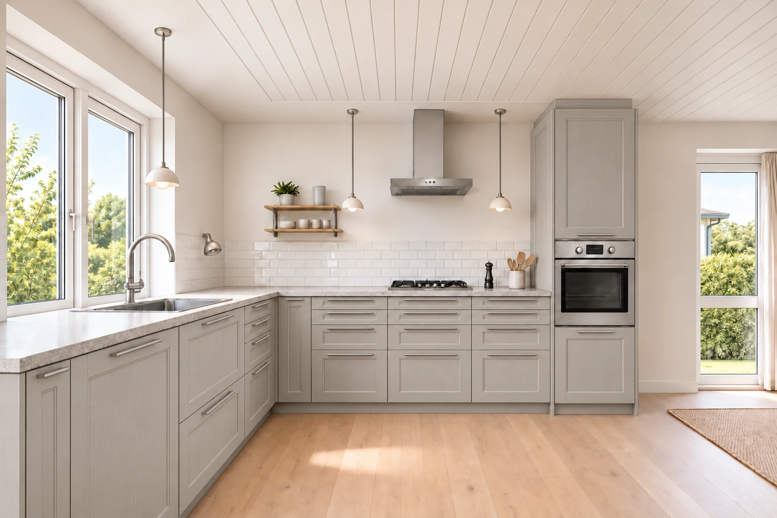 Køkken eksempel 1: L-køkken. IKEA LERHYTTAN, Lysegrå. Vejledende AI-visualisering.