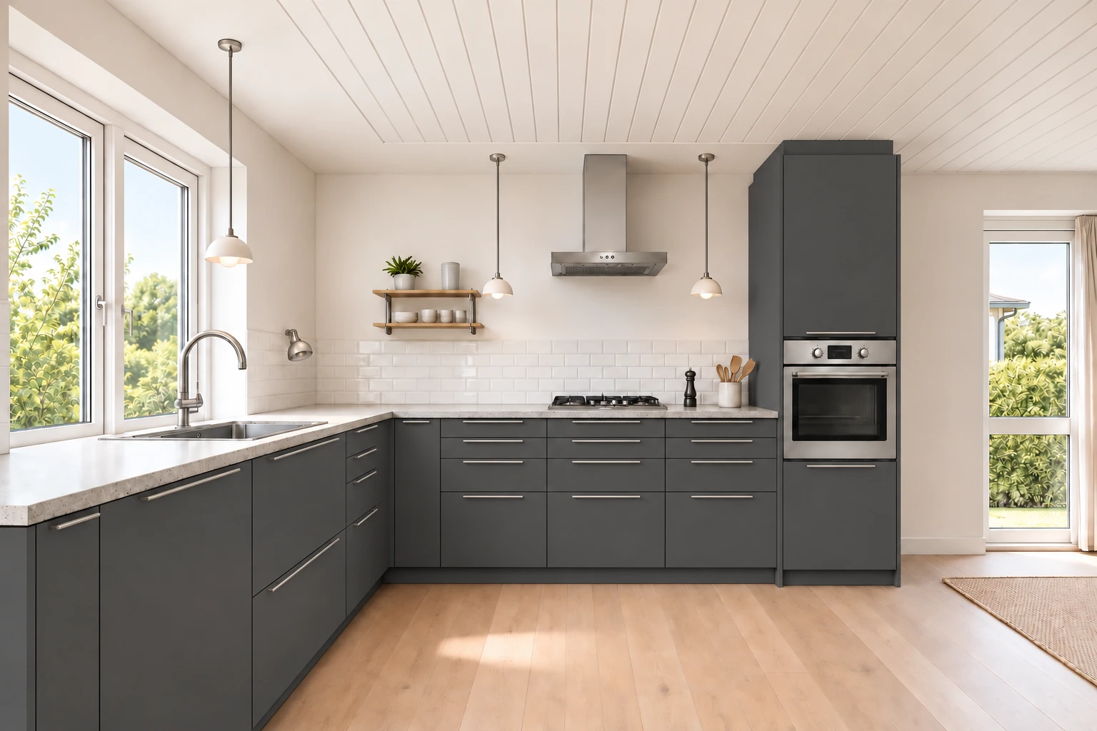 Køkken eksempel 1: L-køkken. IKEA NICKEBO, Antracitgrå. Vejledende AI-visualisering.