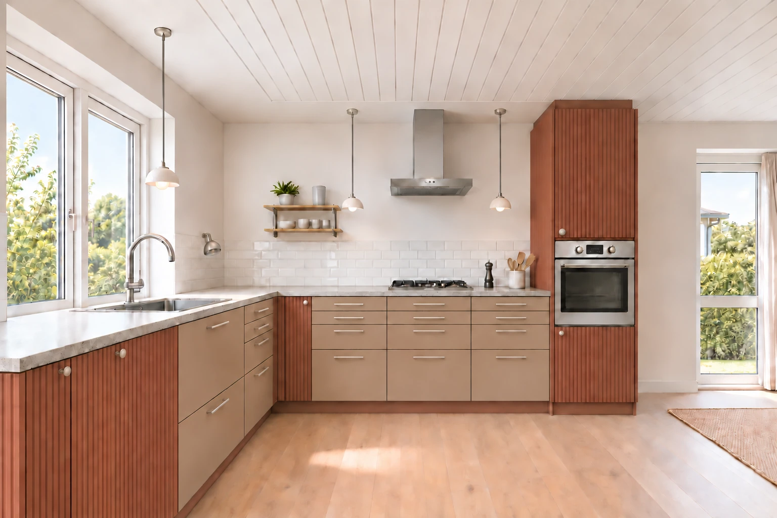 Køkken eksempel 1: L-køkken. IKEA TERRSJÖ + HAVSTORP, Rødbrun / brun-beige. Vejledende AI-visualisering.