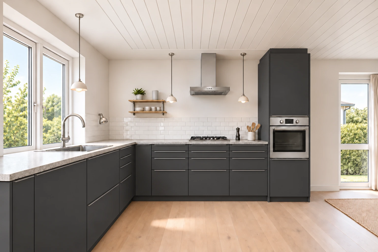 Køkken eksempel 1: L-køkken. IKEA UPPLÖV, Mat antracit. Vejledende AI-visualisering.
