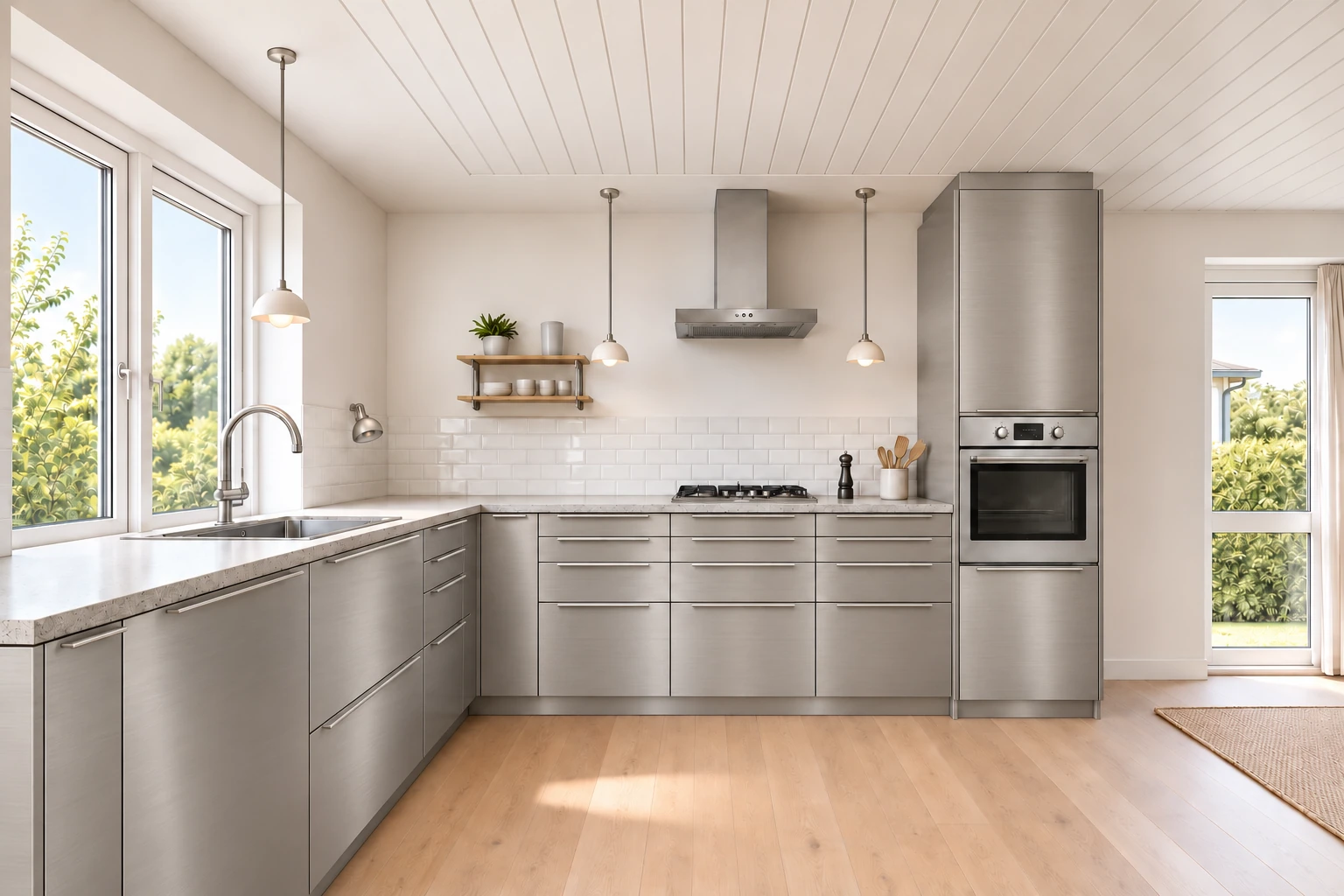 Køkken eksempel 1: L-køkken. IKEA VÅRSTA, Rustfrit stål. Vejledende AI-visualisering.