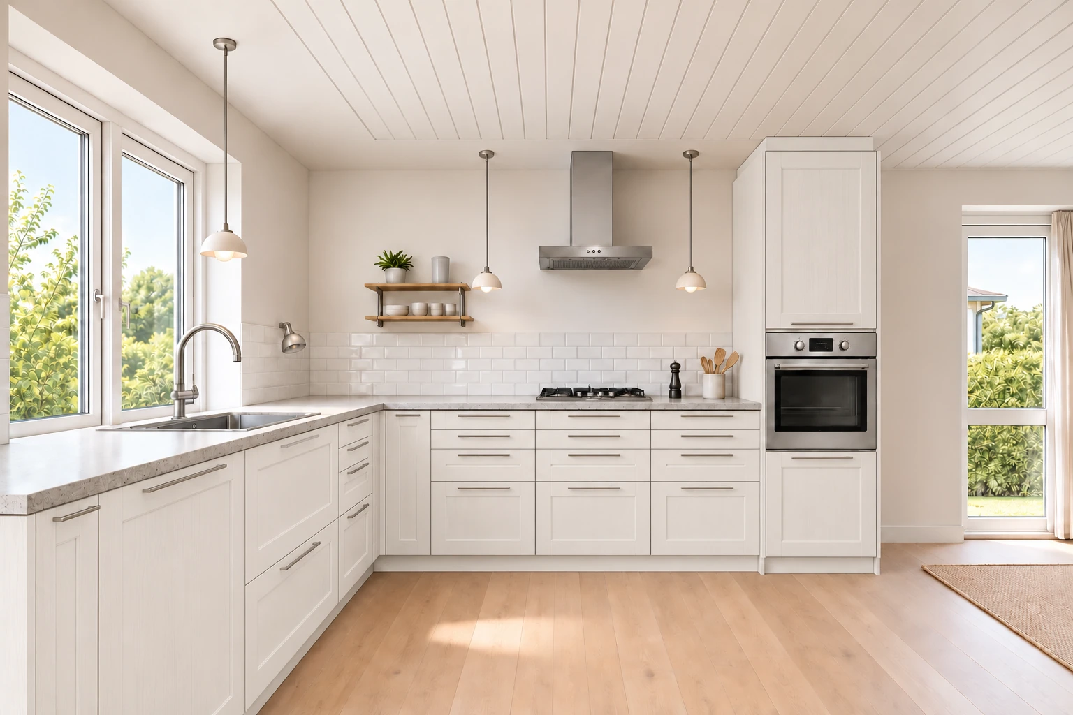 Køkken eksempel 1: L-køkken. IKEA ENKÖPING, Hvidt træmønster. Vejledende AI-visualisering.