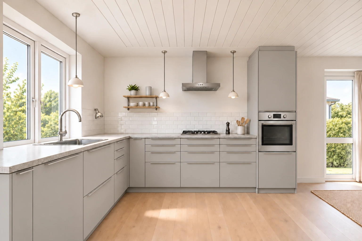 Køkken eksempel 1: L-køkken. IKEA HAVSTORP, Lysegrå. Vejledende AI-visualisering.