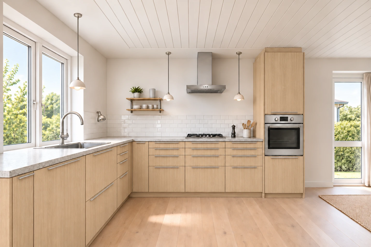Køkken eksempel 1: L-køkken. Kitchn Aspen, Lys eg. Vejledende AI-visualisering.