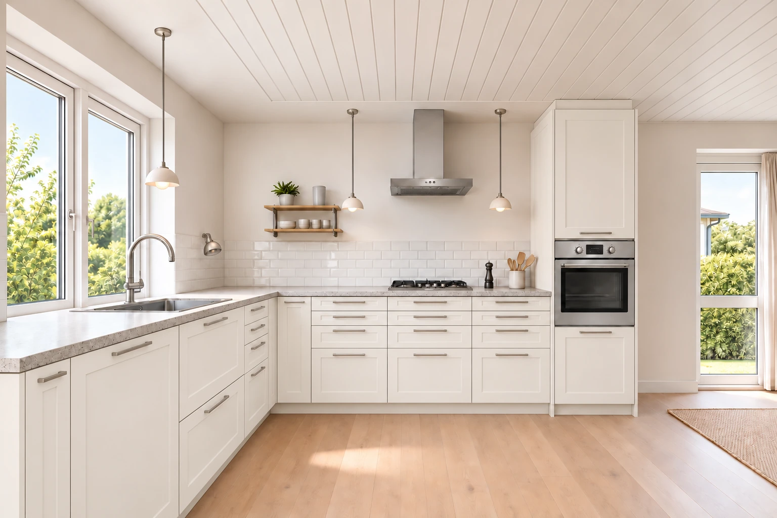 Køkken eksempel 1: L-køkken. Kvik CELLENO, White. Vejledende AI-visualisering.