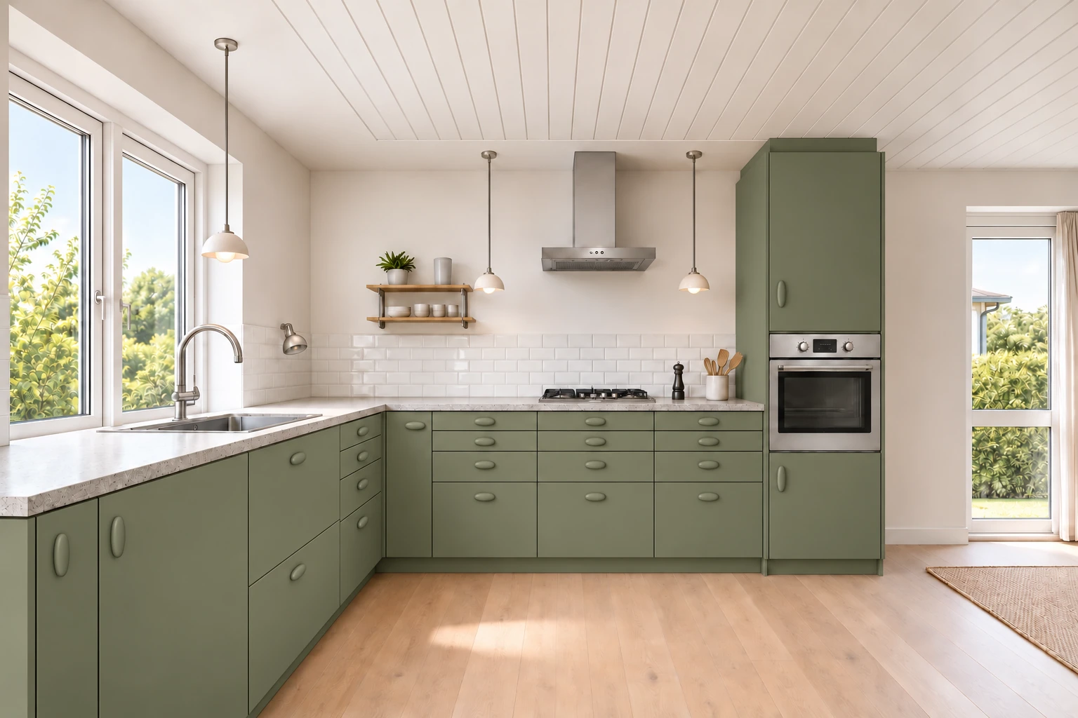 Køkken eksempel 1: L-køkken. Kvik OMBRA, Green. Vejledende AI-visualisering.