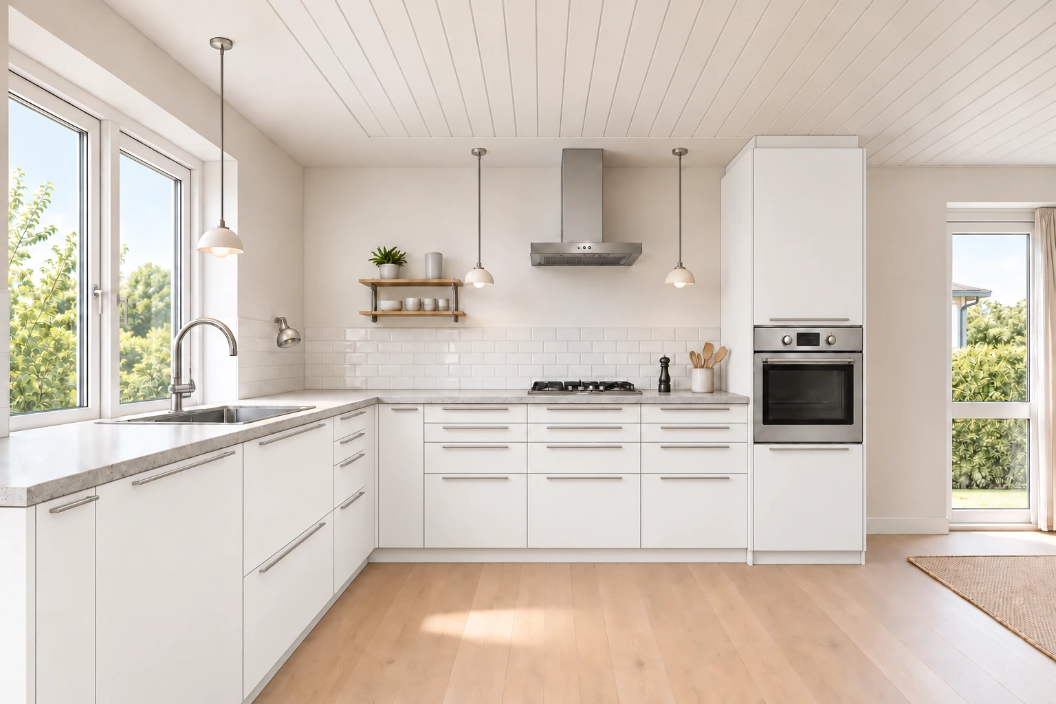 Køkken eksempel 1: L-køkken. Billigskabe Multi-Living Hvid Front 08, Hvid folie. Vejledende AI-visualisering.