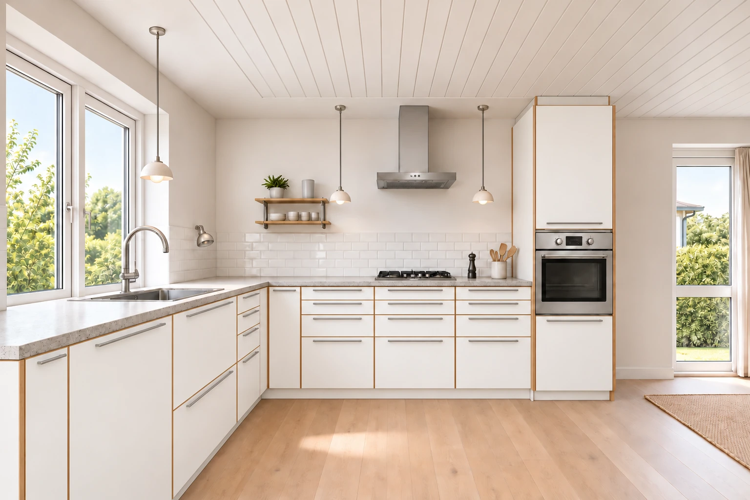 Køkken eksempel 1: L-køkken. Billigskabe Multi-Living White/Oak Line, Hvid / eg-look. Vejledende AI-visualisering.