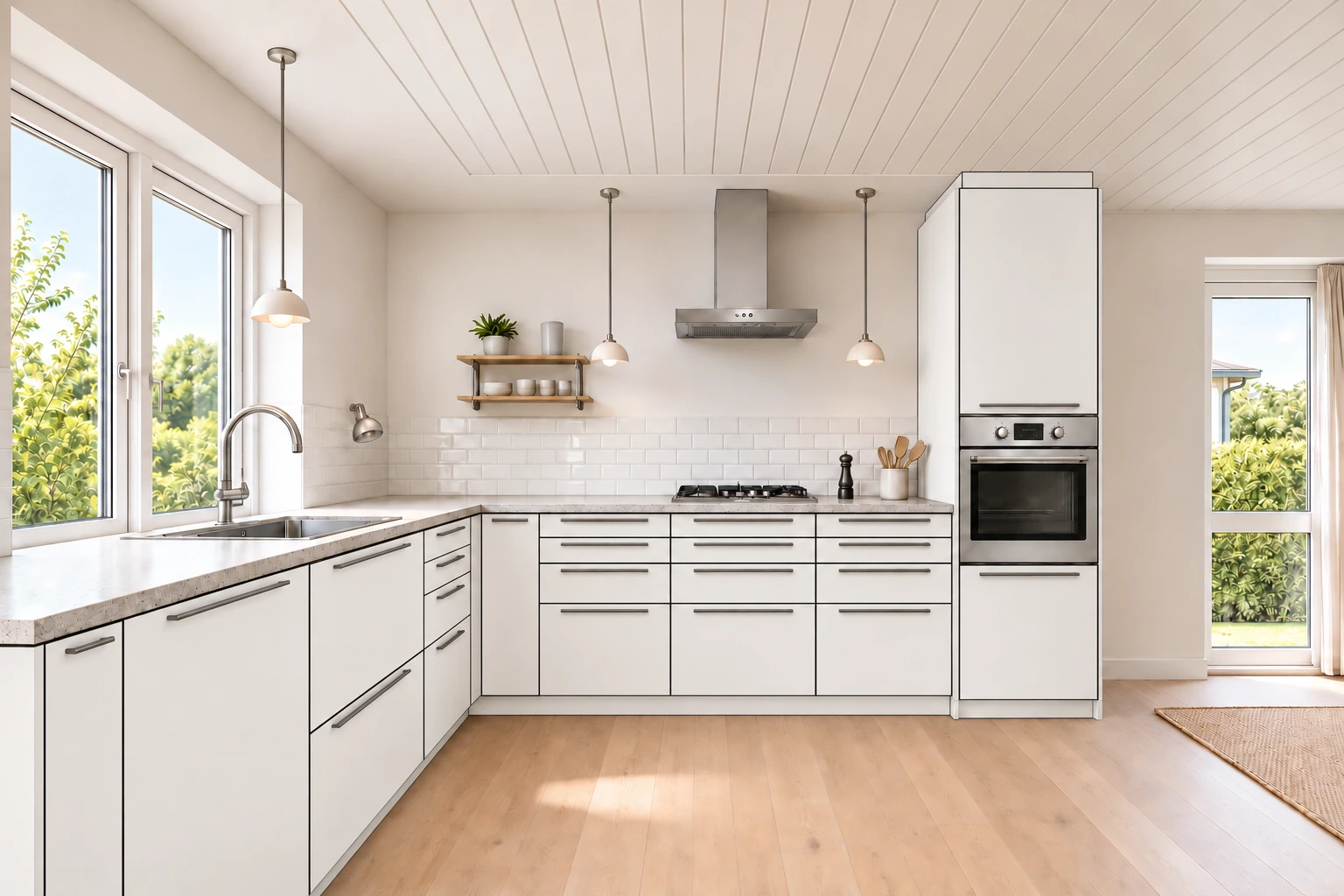 Køkken eksempel 1: L-køkken. Billigskabe Multi-Living White/Black Line, Hvid / sort. Vejledende AI-visualisering.