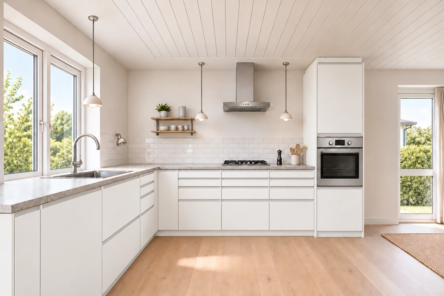Køkken eksempel 1: L-køkken. Billigskabe Multi-Living Hvid Grebsfri 95, Hvid. Vejledende AI-visualisering.
