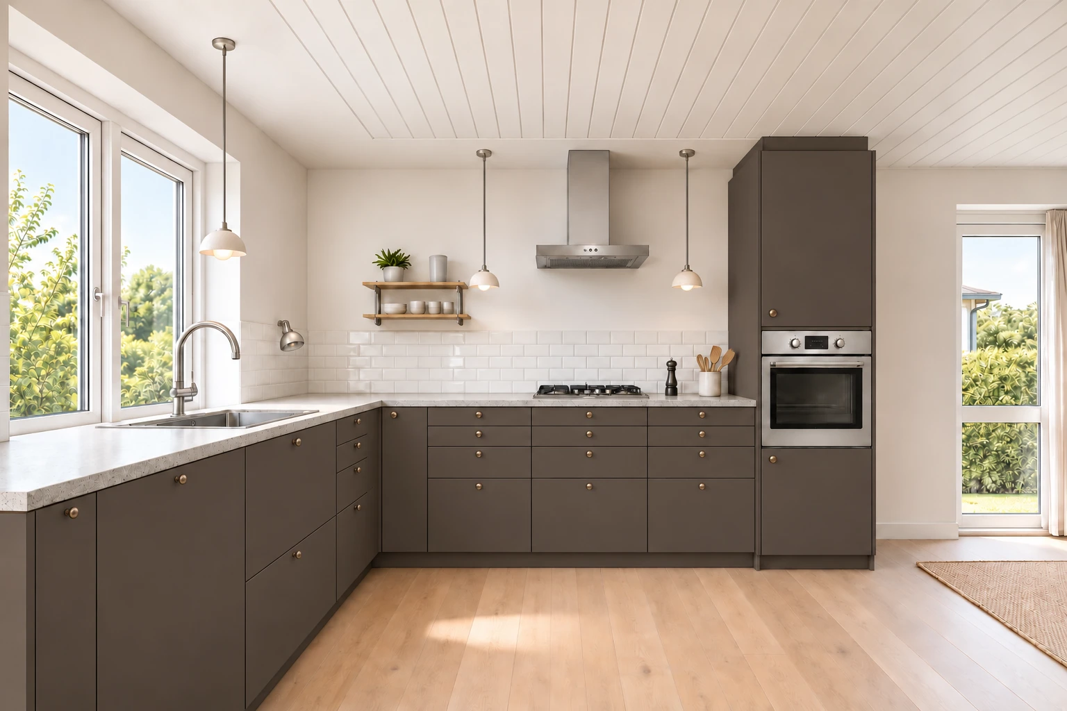 Køkken eksempel 1: L-køkken. Vordingborg Softline, Coffee 505. Vejledende AI-visualisering.