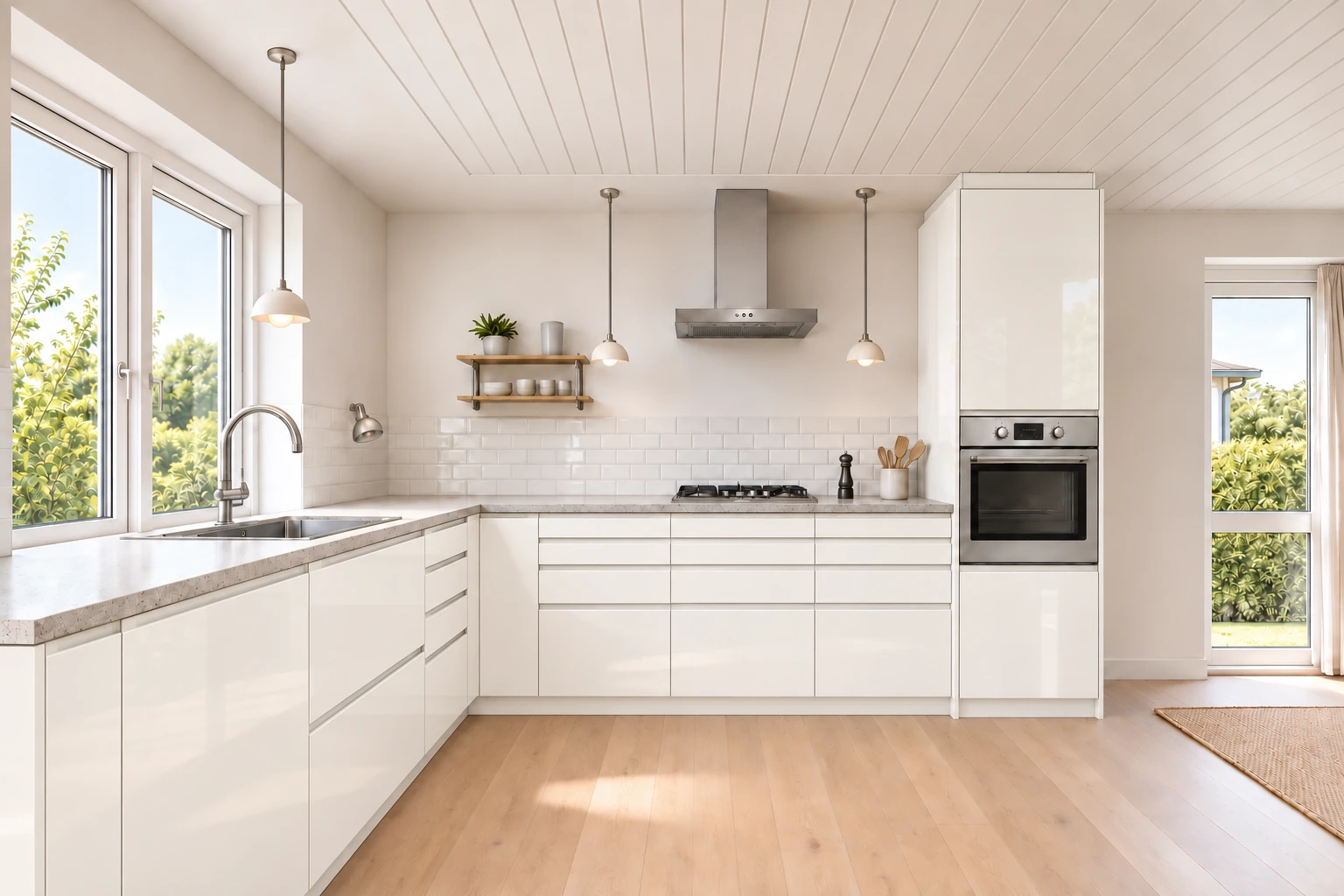 Køkken eksempel 1: L-køkken. Vordingborg Pura, White 834. Vejledende AI-visualisering.