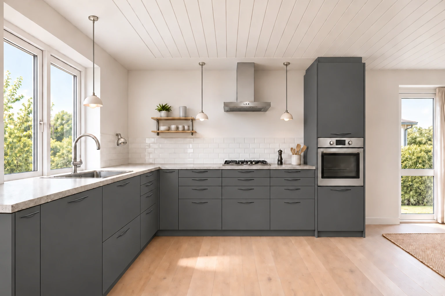 Køkken eksempel 1: L-køkken. Vordingborg Senso, Slate Grey 491. Vejledende AI-visualisering.