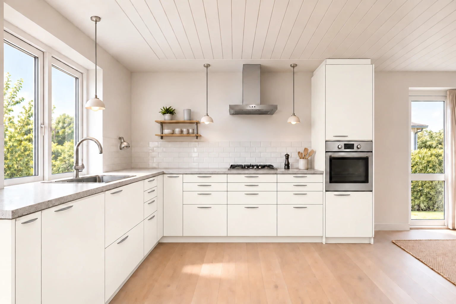 Køkken eksempel 1: L-køkken. Vordingborg Fashion, Alpine White 168. Vejledende AI-visualisering.